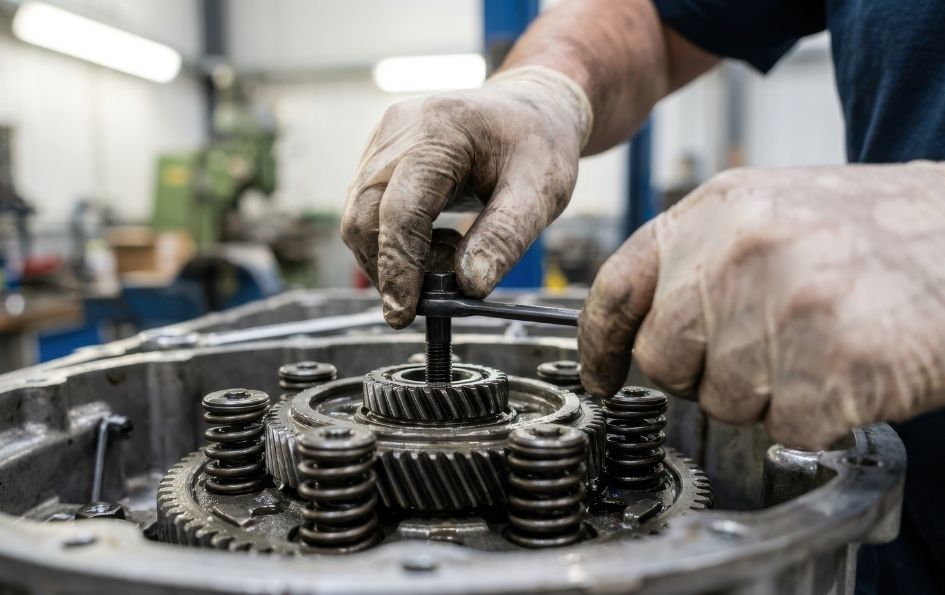 Transmission repair technician inspecting transmission gears